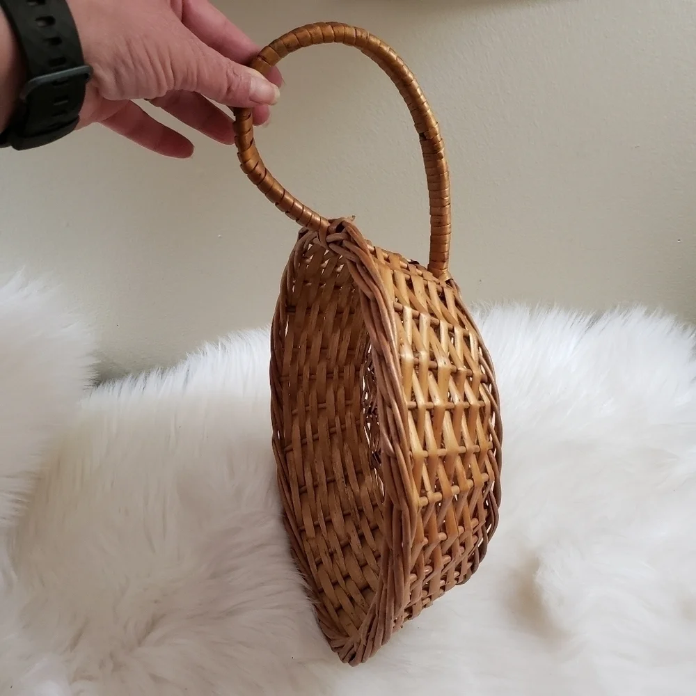Rattan wicker basket side handle boho wall art